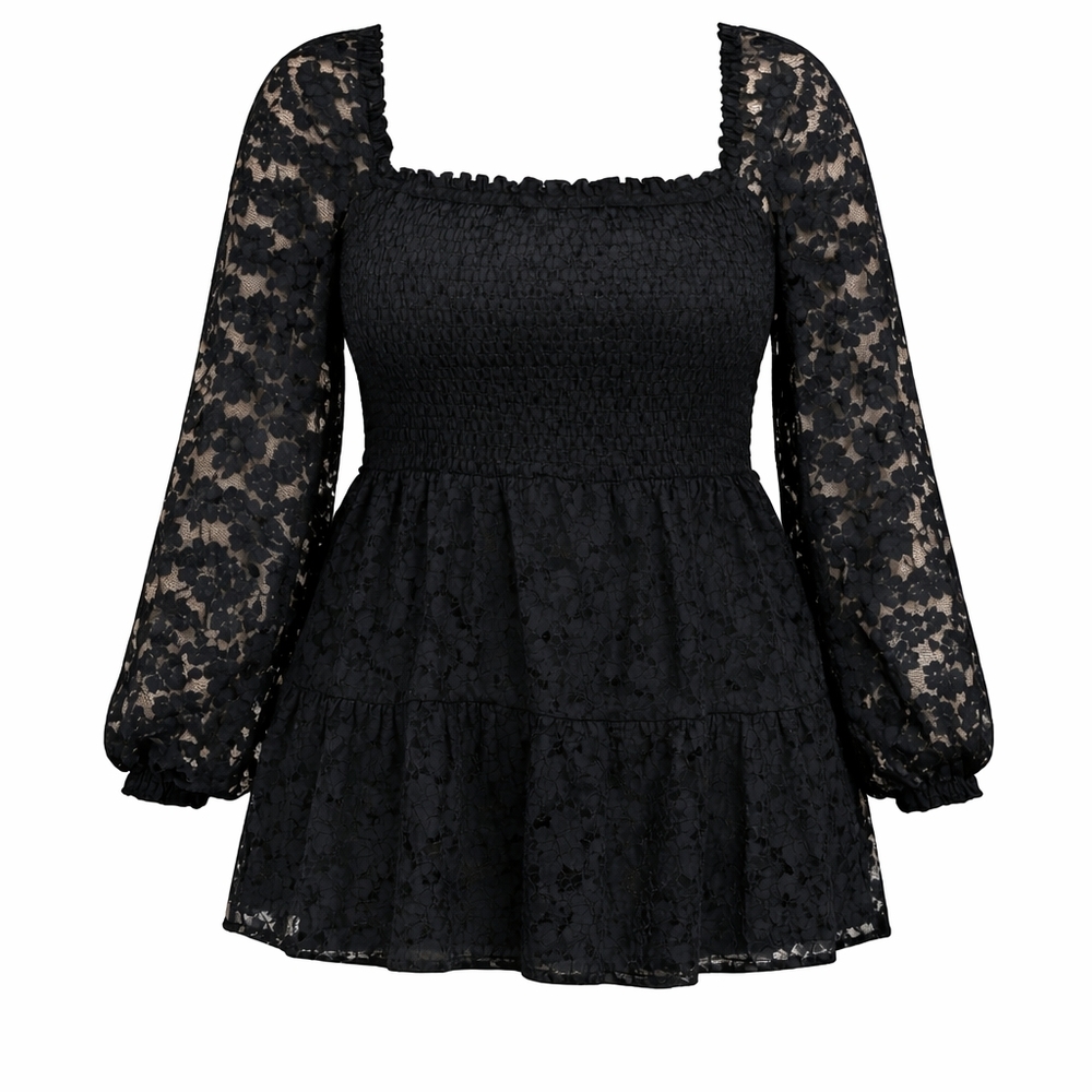 PERFECTLY PRISCILLA 3X Elegant Black Lace Smock Blouse | Square Neck - Picture 2 of 6